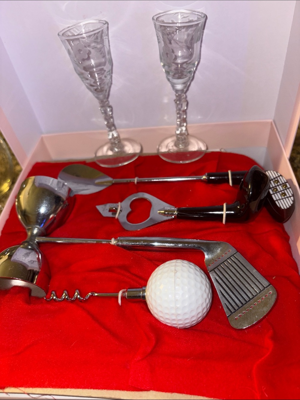 Vintage Golf-Themed Bar Tool Set with a set of wine Glasses bundle
